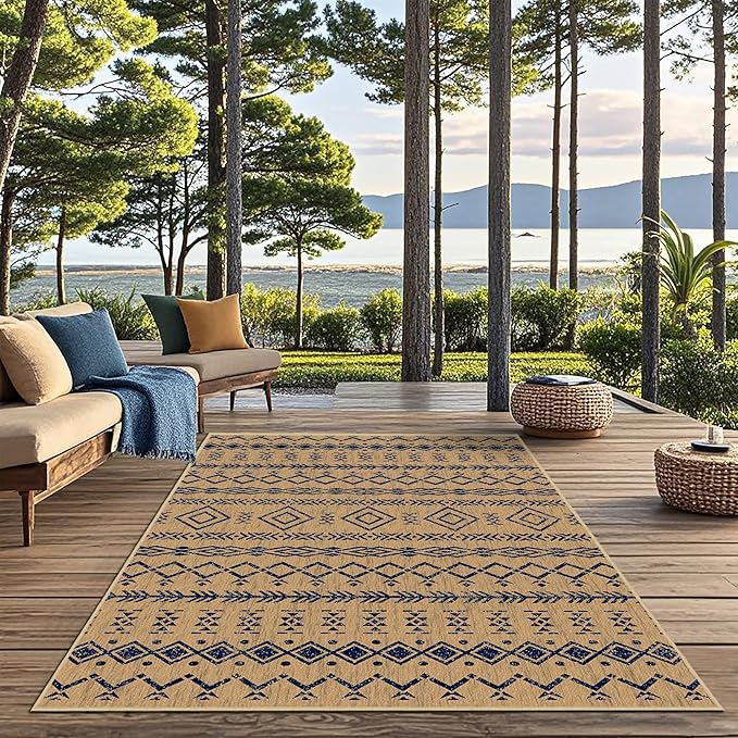 Indoor Outdoor Area Rug Washable Patio Rug Modern Moroccan Geometric Indoor Outdoor Carpet Rug Non Slip Non Shedding for Patio, Deck, Backyard, Porch (8x10)
