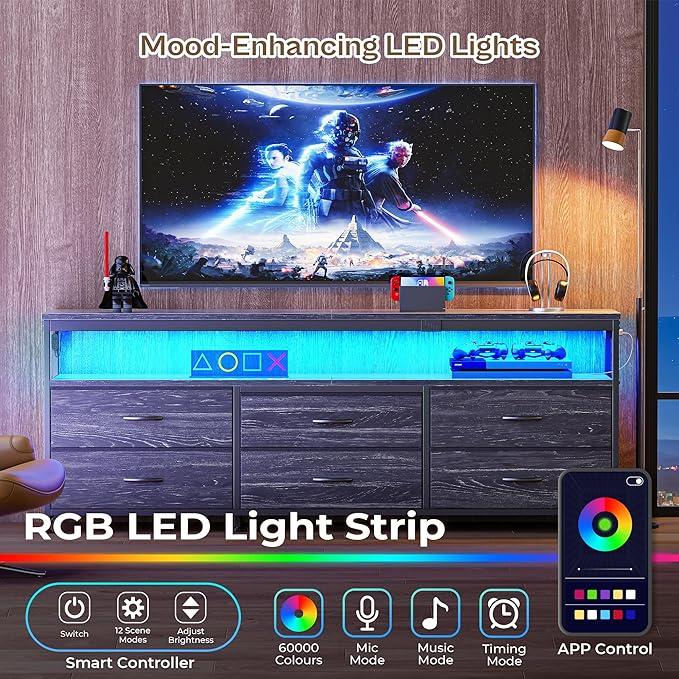 Huuger 63 Inch TV Stand for 55, 65, 70 Inch TV, Long Dresser TV Stand for Bedroom, Charcoal Black LED TV Stand with Power Outlets, Fabric Dresser with Storage, Entertainment Center for Living Room