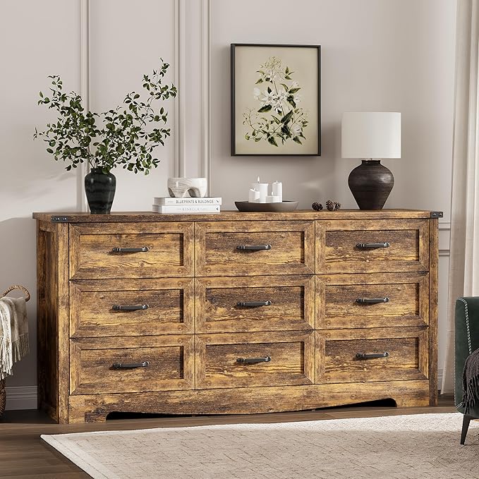 Dresser for Bedroom with 9 Drawers, 59" Wide Wood Chest of Drawers with Deep Drawers & Mental Handle, Modern Dresser TV Stand, Wooden Closet Storage Organizer for Living Room, Hallway, Entryway, Brown