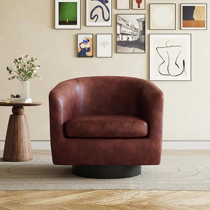 UIXE 360° Swivel Barrel Accent Chair Armchair, PU Leather Round Club Arm Chair for Lving Room, Modern Upholstered Small Bedroom Single Sofa Seat - Red Brown, Set of 2
