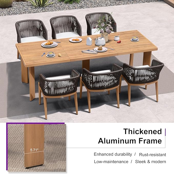 PURPLE LEAF 7 Pieces Outdoor Dining Set Patio Table and Chairs Set Aluminum Wicker Rattan Patio Furniture Set for Lawn Garden Porch Teak