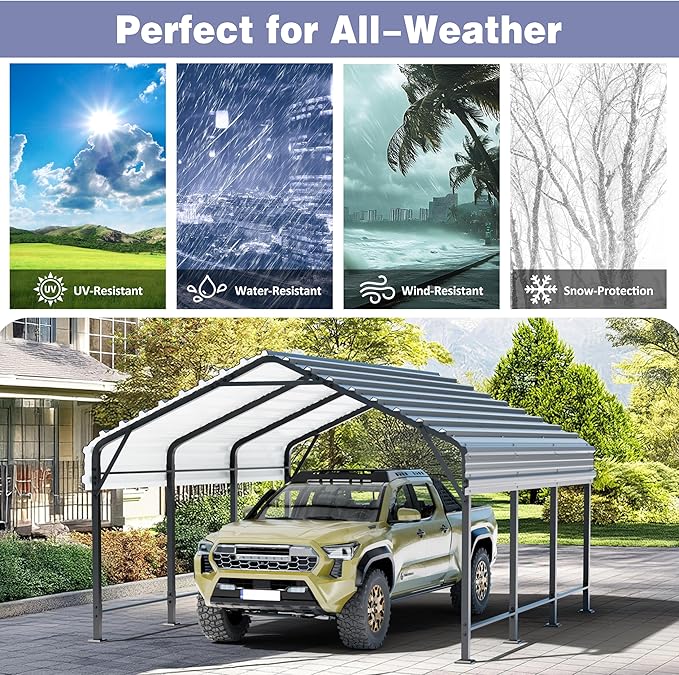 JY QAQA 12 x 15 FT Metal Carport Kits with Galvanized Steel Roof, Heavy Duty Metal Carport Canopy, Outdoor Car Tent Garage Shelter for Car, SUV, Truck and Boats