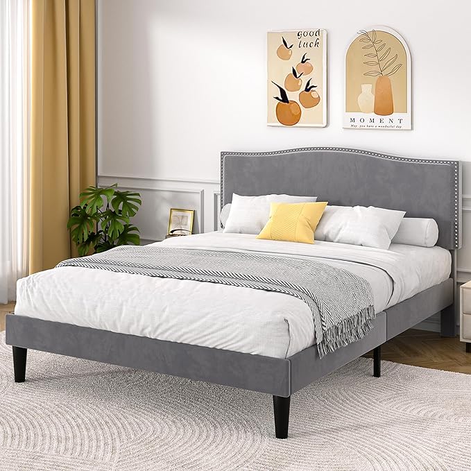 VECELO Full Bed Frame, Platform Bed Frame with Adjustable Height Upholstered Headboard, Heavy-Duty Frame and Strong Wooden Slats Support, Non-Slip and Noise-Free, Easy Assembly, Dark Grey