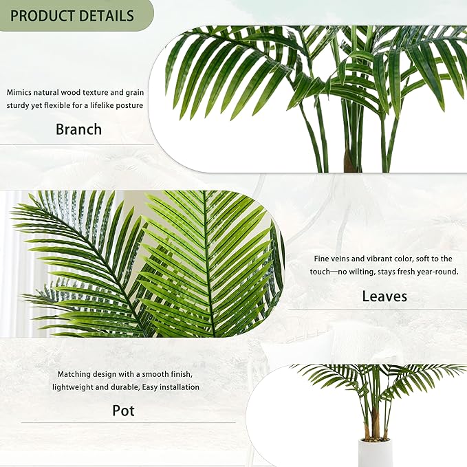 Artificial Fake Palm Tree with 18 Trunks and Real Bark Design, Premium Polyester,Tropical Paradise Palm Tree in Pot (1, White, 6 FT)