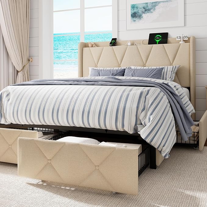 Queen Bed Frame with 4 Storage Drawers, Upholstered Platform Bed with Charging Station, Modern Wingback Storage Headboard, Easy Assembly,Noise-Free, Beige