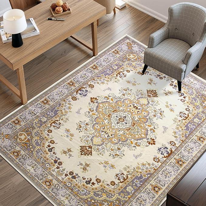 Vintage Area Rug 5x8 Rugs, Machine Washable Vintage Area Rug Non-Slip Low Pile Large Rug for Living Room, Bedroom, Farmhouse, Dining Room, Beige