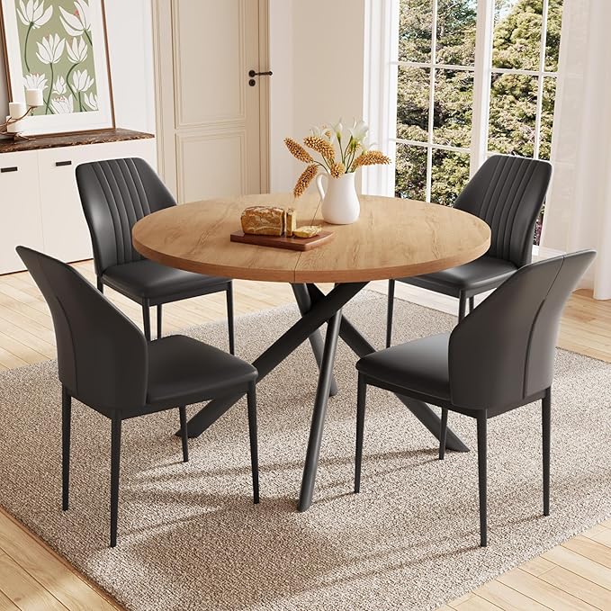 45.3 Inch Round Dining Table Set for 4, Mid Century Modern Small Kitchen Coffee Set for Dining Room Kitchen Apartment (Oak Table + 4 Black Chairs)