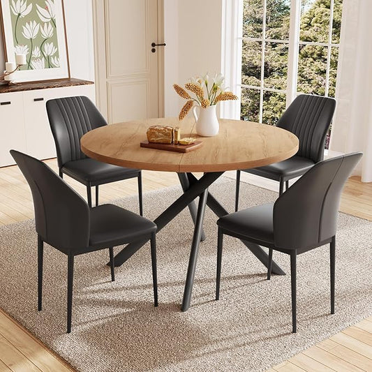 45.3 Inch Round Dining Table Set for 4, Mid Century Modern Small Kitchen Coffee Set for Dining Room Kitchen Apartment (Oak Table + 4 Black Chairs)