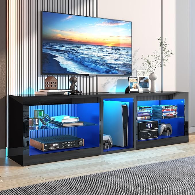 Vinctik 6&Fox LED TV Stands w/Power Outlet,60,00-Colors Lighting for 65 70in TV, 63" Modern High Gloss Entertainment Center,TV Console W/Adjustable Glass Shelves for Living Room Game Bedroom (Black)