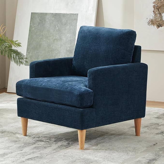 VKNOW Mid-Century Accent Chairs Set of 2, Modern Upholstered Chenille Armchair for Living Room,Comfy Reading Accent Chairs with Wood Legs for Bedroom, Navy Blue
