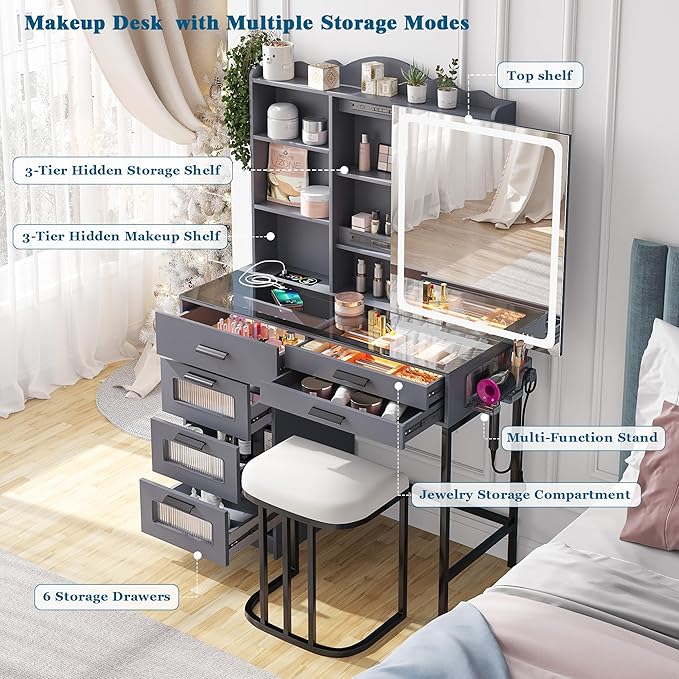 RGB Vanity Desk with Sliding Mirror and Lights, LED Makeup Vanity with Charging Station/Motion Sensor Light, Glass Top Dressing Table Set with Jewelry Box,6 Drawers,Stool for Bedroom(Grey)