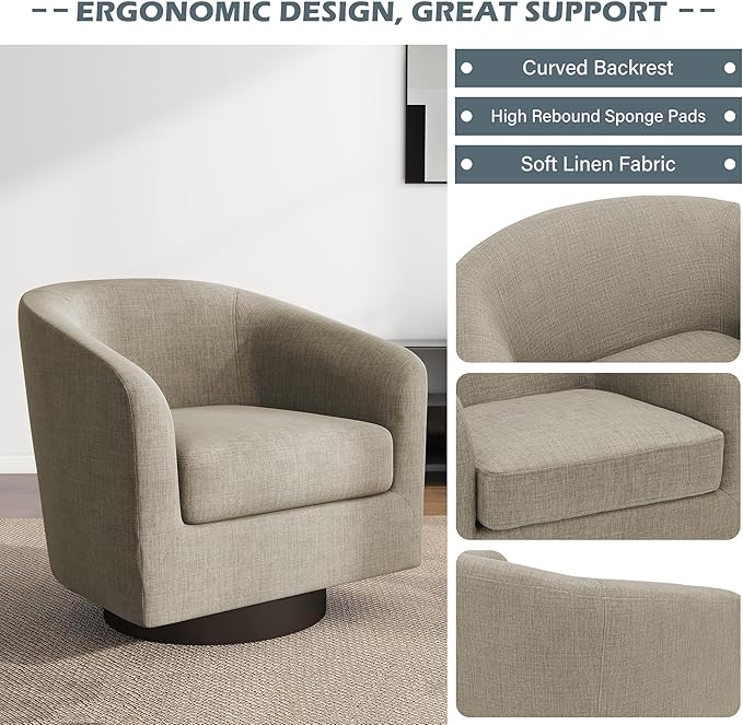 UIXE 360° Swivel Barrel Accent Chair Armchair, Modern Round Club Arm Chair Upholstered Living Room Single Sofa Seating Bedroom Side Reading Seat in Fabric for Home Office (Flax Brown)