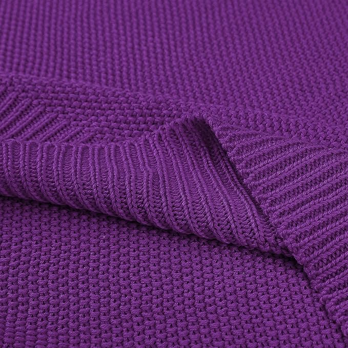 PiccoCasa 100% Cotton Knit Throw Blanket,Solid Lightweight Decorative Throws and Blankets,Soft Knitted Throw Blanket for Sofa Couch, Purple, 50" x 60"
