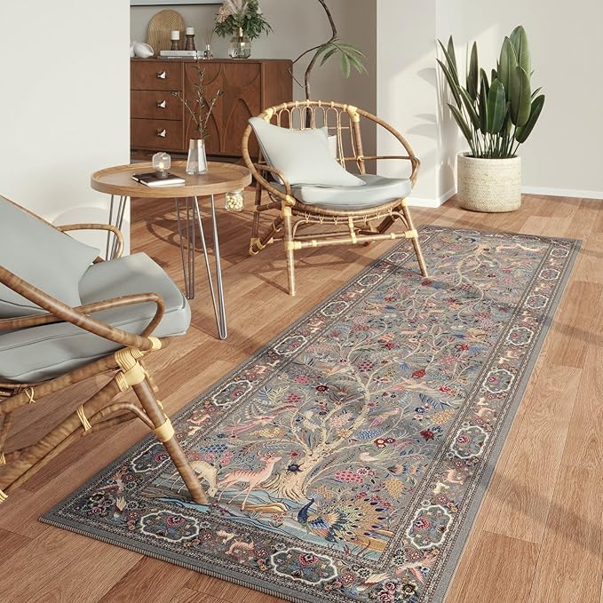 Runner Rug Vibrant Tree of Life-Patterned Vintage Kitchen Rugs Non Slip Washable Soft Carpet Runner for Laundry Bedroom Bathroom, Grey