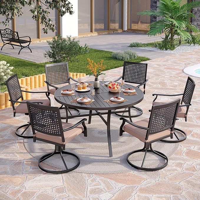 PHI VILLA 7 Pieces Outdoor Round Dining Set for 6, Large Wrought Iron Dining Table with Umbrella Hole & Swivel Metal Chairs with Cushions, Dining Furniture Set for Patio, Deck, Yard, Porch