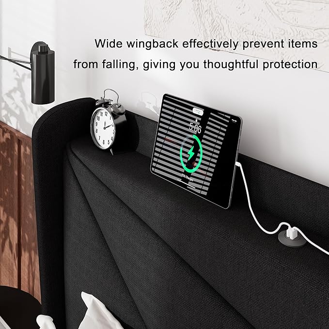 Feonase Queen Size Bed Frame with Charging Station, Linen Upholstered Platform Bed Frame with Wingback Storage Headboard, Solid Wood Slats Support, No Box Spring Needed, Noise Free, Black