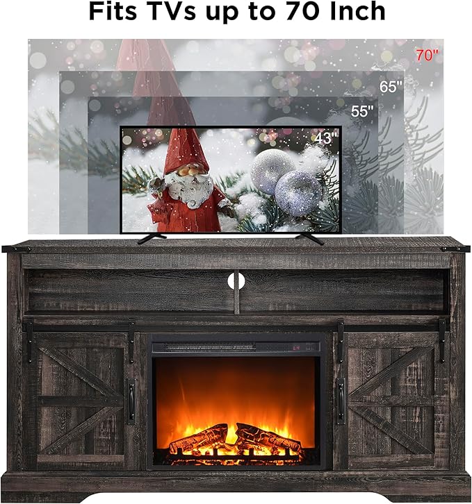 OKD Fireplace TV Stand for 65+ Inch TV, 33" Tall Highboy Farmhouse Entertainment Center w/ 23'' Electric Fireplace, Rustic Media Console w/Sliding Barn Door for Living Room, Dark Rustic Oak