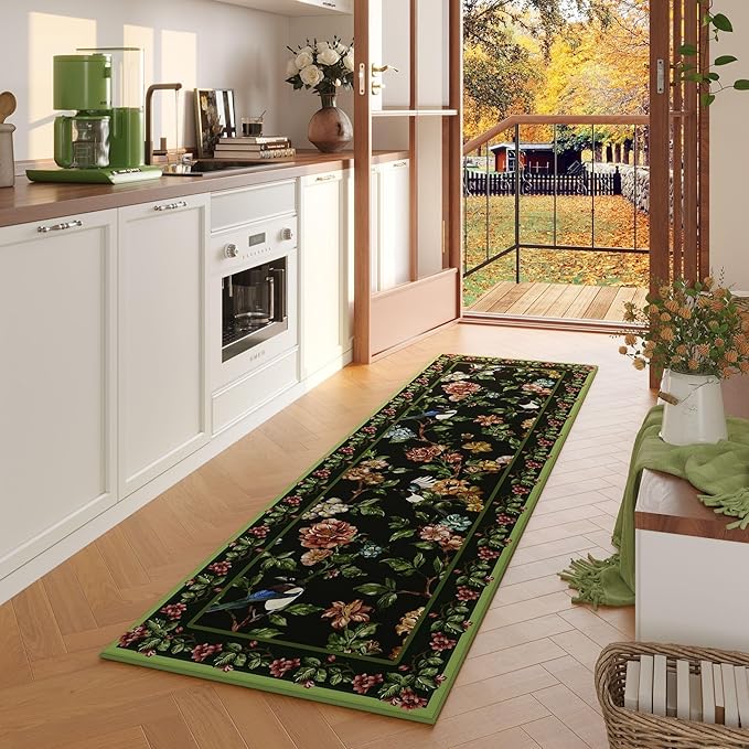 Runner Rug for Kitchen 2'6"x8' Washable Rugs with Rubber Backing Soft Floral Bird Magpies Floral Animal Carpet Runner for Kitchen, Laundry, Bedroom, Bathroom (Green)