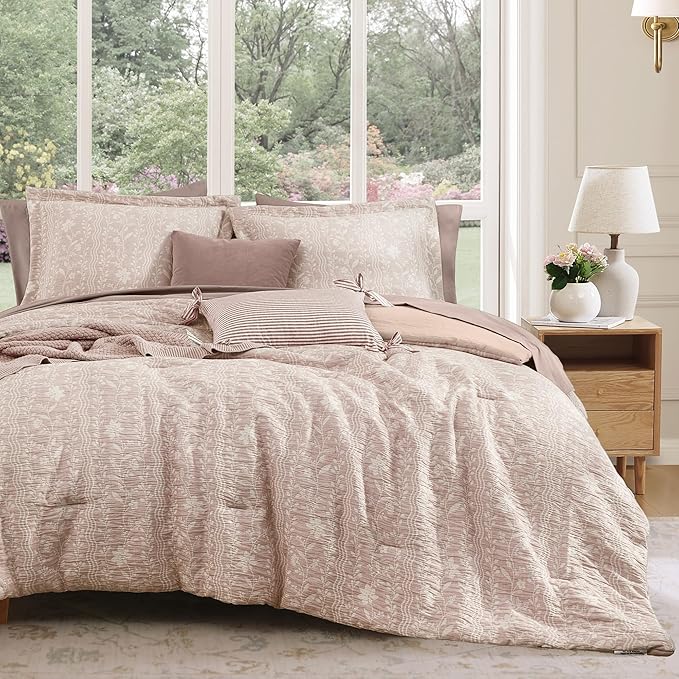 King Comforter Set -7 Pieces Almond Pink Floral Comforter Set for All Seasons, Bed in a Bag King with Botanical Flowers Comforter, Sheets, Pillowcases & Shams