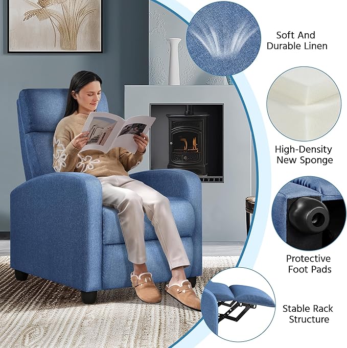 Yaheetech Fabric Recliner Chair Sofa Ergonomic Adjustable Single Sofa with Thicker Seat Cushion Modern Home Theater Seating for Living Room Light Blue