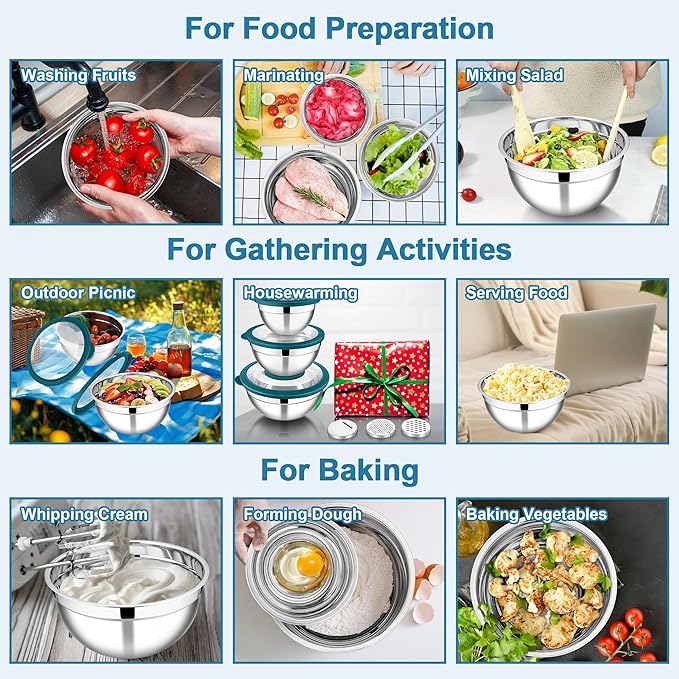 E-far Mixing Bowls with Lids and Graters, Stainless Steel Salad Mixing Bowl with Transparent Lid Set of 3, Metal Nesting Salad Storage for Kitchen Prepping/Serving/Baking, 4.6/2.6/1.5QT - Teal Blue