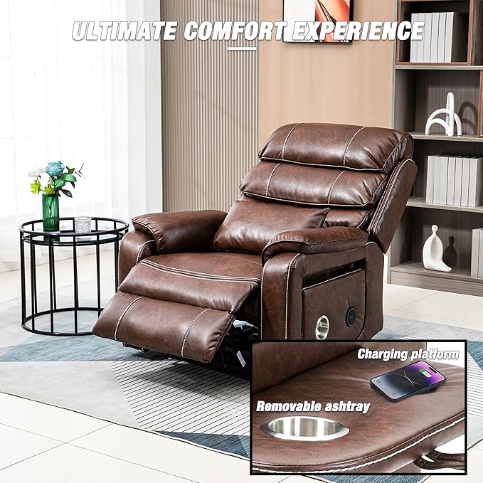 Lazy Boy Recliner Chair with Heating, Power Lift Recliner Chair for Elderly with Folding Tablet, Lay Flat Recliner with Dual Motor Adjustable Backrest and Leg Rests, Leather Brown1, RXX-028