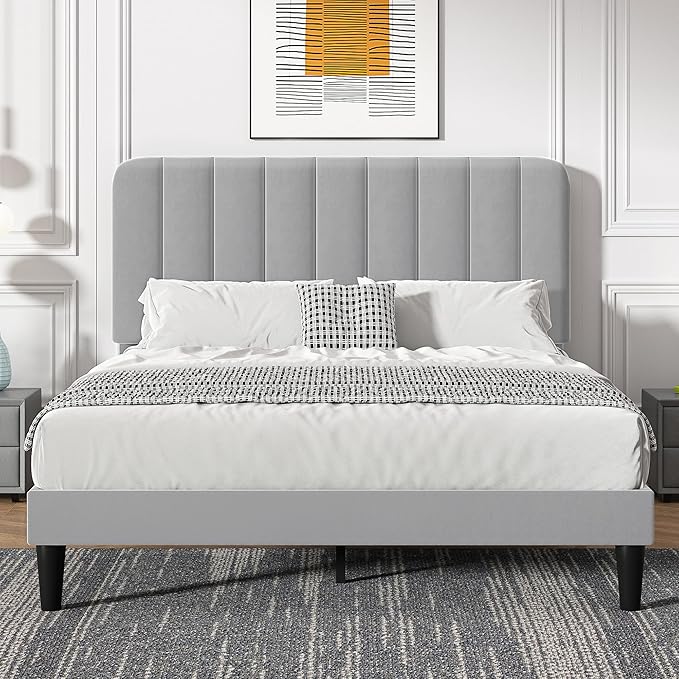 VECELO Queen Size Bed Frame with Upholstered Headboard, Velvet Platform Bedframe Mattress Foundation, Strong Wood Slat Support, No Box Spring Needed,Light Grey