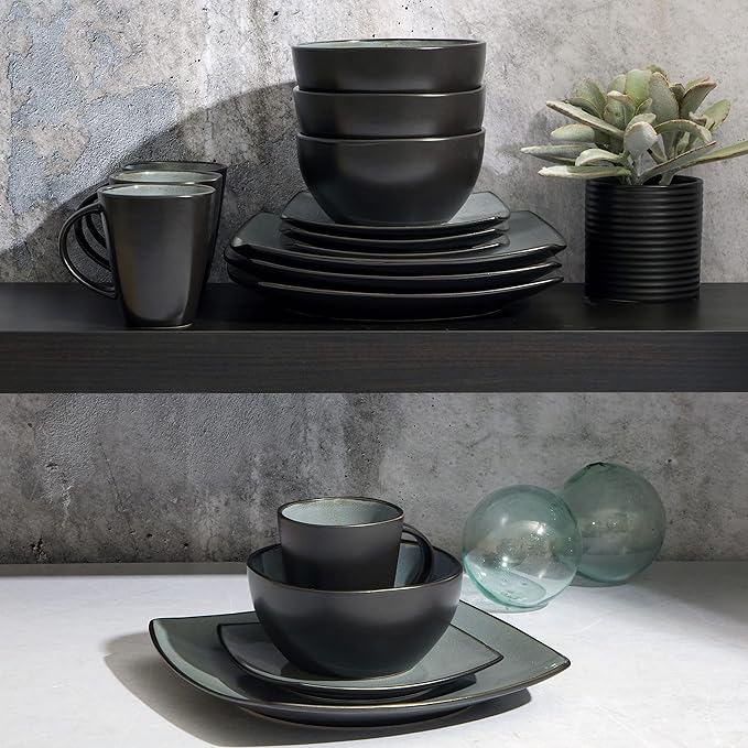 Gibson Elite Soho Lounge Square Reactive Glaze Stoneware Dinnerware Set, Service for 4 (16pc), Eclipse