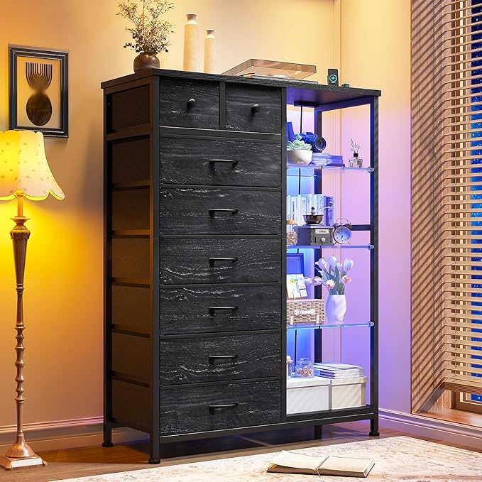 EnHomee Dresser for Bedroom with LED Lights & Power Outlets Tall Dresser with 8 Drawers Fabric Dressers & Chests of Drawers for Bedroom, Closet, Sturdy Metal Frame, Acrylic Plates (Charcoal Black)