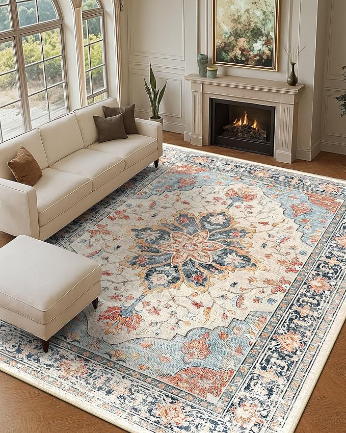 Area Rugs 10'x12' Washable Non-Slip, Floral Vintage Distress Print Pattern Medallion Carpet for Living Room Bedroom Dining Room, Beige Navy Blue Orange Colorful