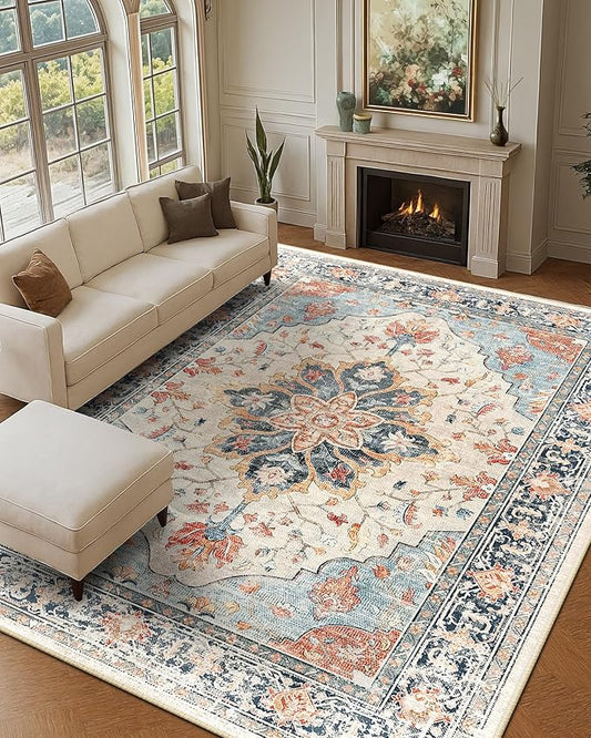 Area Rugs 10'x12' Washable Non-Slip, Floral Vintage Distress Print Pattern Medallion Carpet for Living Room Bedroom Dining Room, Beige Navy Blue Orange Colorful