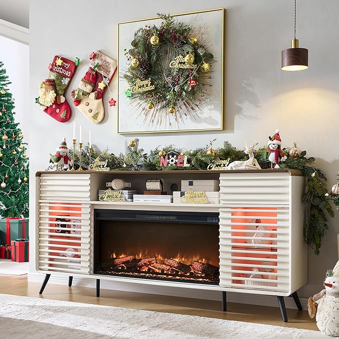 RedLemon Fireplace TV Stand for 80 Inch TV, Mid Century Modern Entertainment Center with 36" Electric Fireplace & Led Lights, Wood Media Console w/Slatted Sliding Doors for Living Room, Antique White
