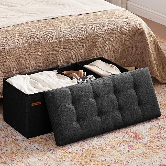 HAUSFRAU 31.5 Inches Ottoman with Storage, Folding Ottoman Bench Small Foot Rest Stool, Bedroom Bench with Flipping Lid, Linen Black