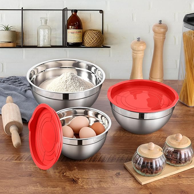 LIANYU Stainless Steel Mixing Bowls with Leak-Proof Lids, 3 Pieces Stainless Steel Deep Nesting Mixing Bowls for Kitchen Cooking, Storage, Baking, 1.5QT & 3QT & 4.6QT, Red