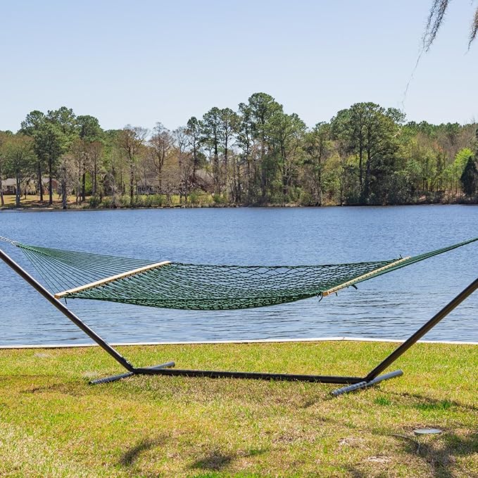 Castaway Living 13 ft. Double Traditional Hand Woven Green Polyester Rope Hammock – 2-Person, 450 lb Capacity, Free Extension Chains & Tree Hooks, Designed in The USA