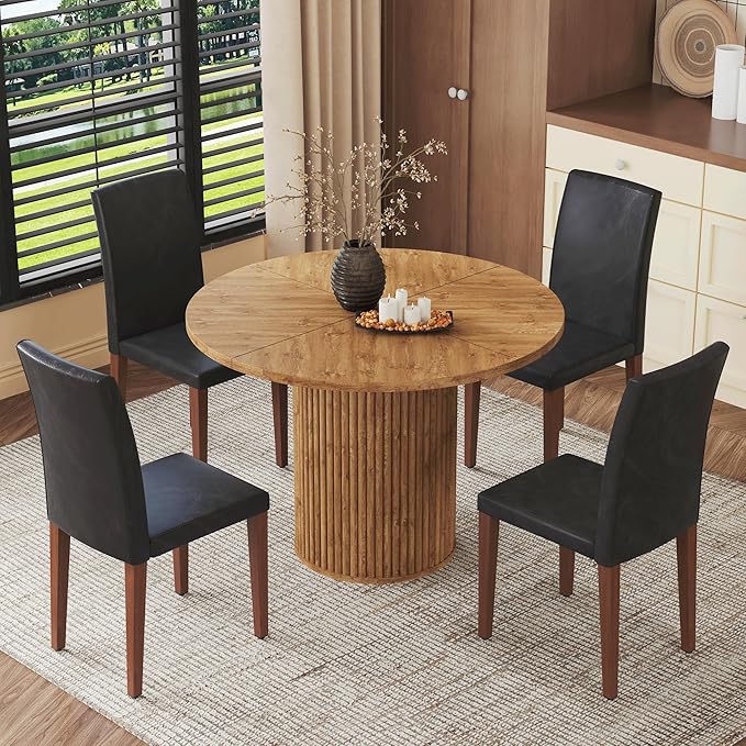 AZmac Round Dining Table Set for 4, Wooden Round Table 5-Piece with Modern Farmhouse Dining Table and 4 PU Leather Chairs for Kitchen Dining Room, Wooden Table + 4 Black High Back Chairs