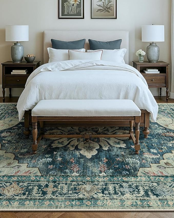 Area Rugs 10'x14' Washable Non-Slip, Floral Vintage Distress Print Pattern Medallion Carpet for Living Room Bedroom Dining Room, Dark Blue Vintage