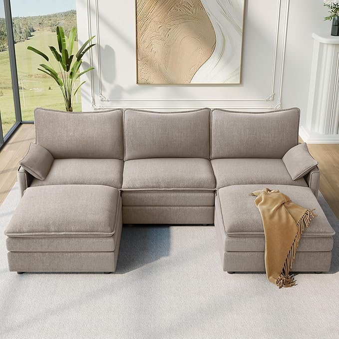 Vesgantti 108" U Shaped Sectional Couch, Comfy Cloud Modular Sectional Sofa with 2 Ottoman Deep Seat Chenille Modern Cloud Sofa, Modular Sofas for Living Room, Bedroom and Apartment, Light Brown