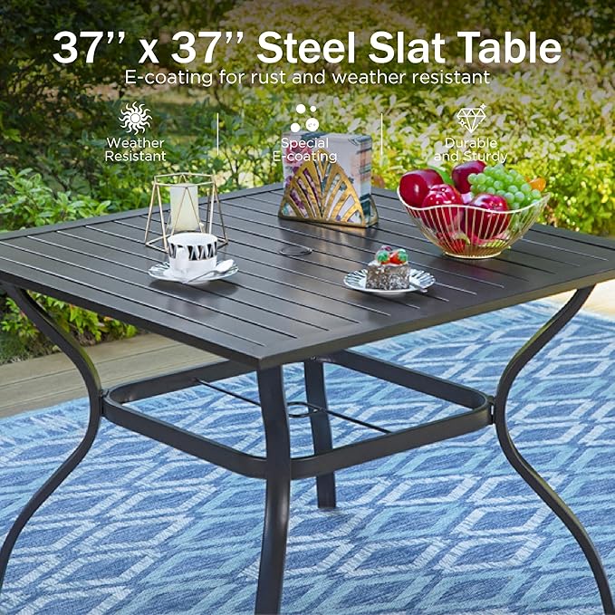 PHI VILLA 5-Piece Metal Patio Outdoor Table and Chairs Outdoor Dining Set - 37" Square Patio Table w/1.57" Umbrella Hole and 4 Backyard Garden Chairs
