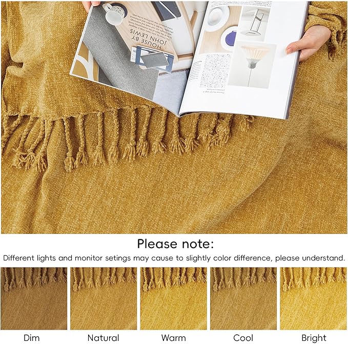 BATTILO HOME Mustard Yellow Throw Blanket for Couch Bed Sofa, Yellow Gold Chenille Throw for Spring Summer, Lightweight Knit Blanket for Home Decor, 50"x60"