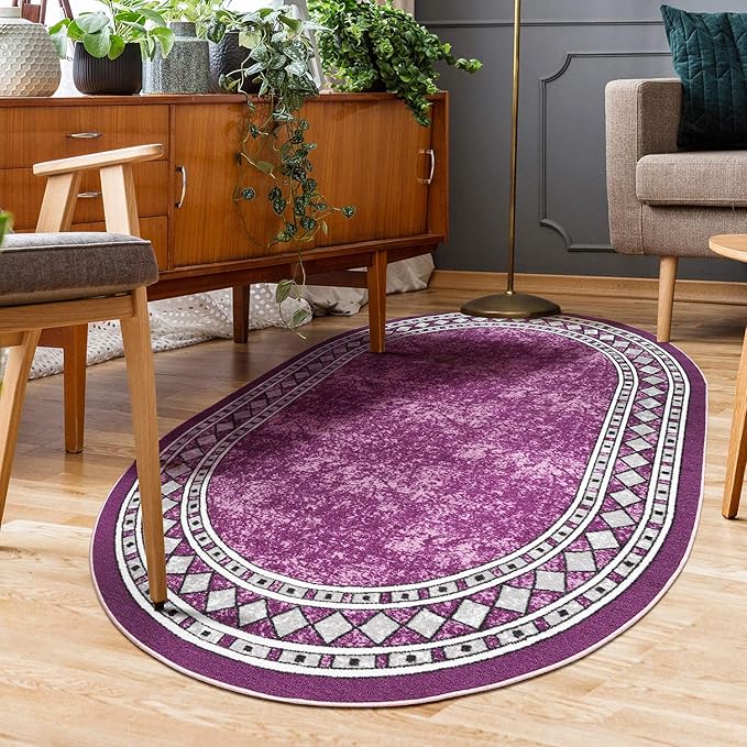 Antep Rugs Alfombras Modern Bordered 5x7 Non-Skid (Non-Slip) Low Profile Pile Rubber Backing Indoor Area Rugs (Purple, 5' x 7' Oval)