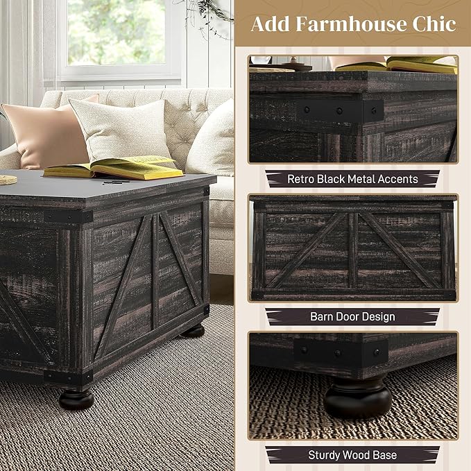 HOMCOM Farmhouse Coffee Table, 31.5" Square Coffee Table with Storage, Living Room Center Table with Hinged Flip Lift Top and Hidden Space, Distressed Brown
