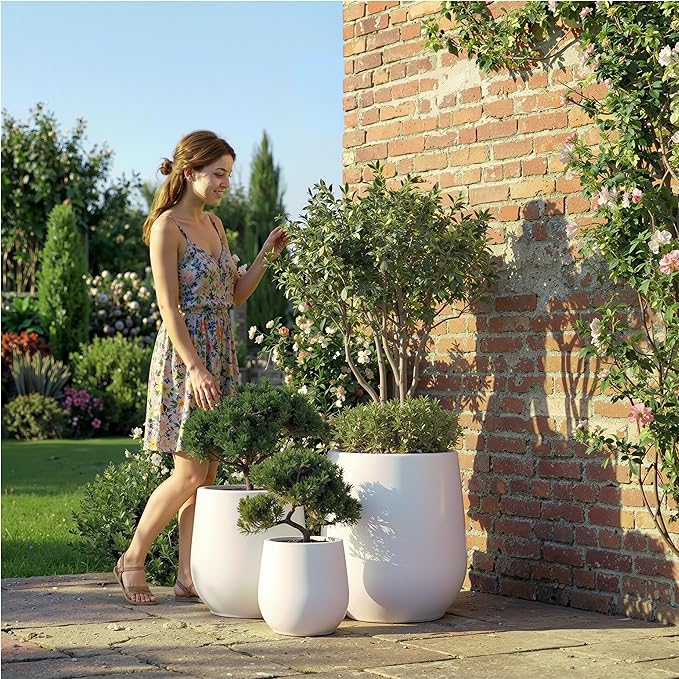 DTY Signature Mount Wilson Modern Indoor Outdoor Fiberstone Tapered Planter, Lightweight, Weather Resistant Garden Pot with Drainage Hole & Rubber Plug, Planter for Christmas Decor - Large, White