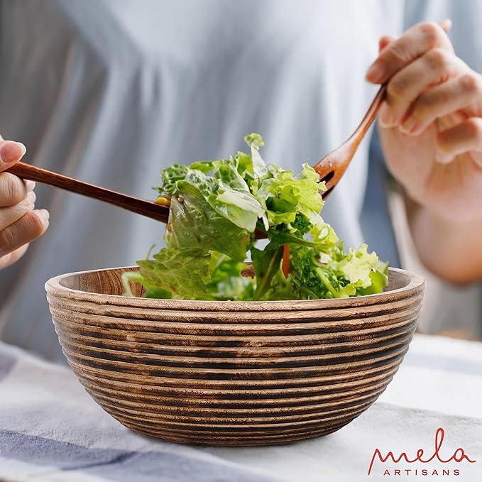 Mela Artisans Wooden Fruit Bowl | Dark Burnt Finish | Large 12” Decorative Mango Wood Serving Bowl | Multipurpose for Kitchen Countertop | Salad | Fruit | Snacks | Breads & More