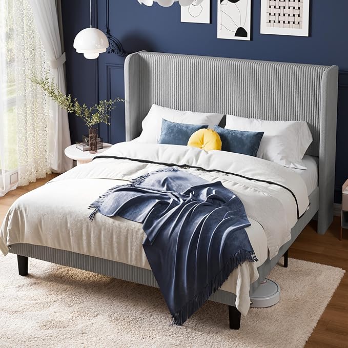 Allewie Full Size Bed Frame with Upholstered Wingback Headboard, Vertical Channel Tufted Corduroy Velvet Platform Bed, Strong Wooden Slats Support, No Box Spring Needed, Easy Assembly, Light Grey