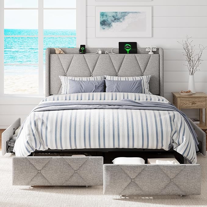 Full Size Bed Frame with 4 Storage Drawers, Upholstered Platform Bed with Charging Station, Modern Wingback Storage Headboard, Easy Assembly,Noise-Free, Light Gray