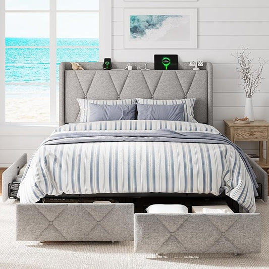 Full Size Bed Frame with 4 Storage Drawers, Upholstered Platform Bed with Charging Station, Modern Wingback Storage Headboard, Easy Assembly,Noise-Free, Light Gray
