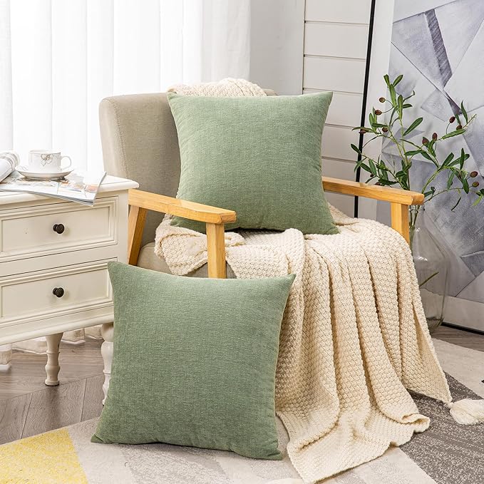 GAWAMAY Decorative Square Throw Pillow Covers 22"x22" Inch Set of 2, Super Soft Chenille Pillows Farmhouse Fall Pillowcase for Living Room Bedroom Sofa Couch Cushion Cover Sage Green 55x55cm