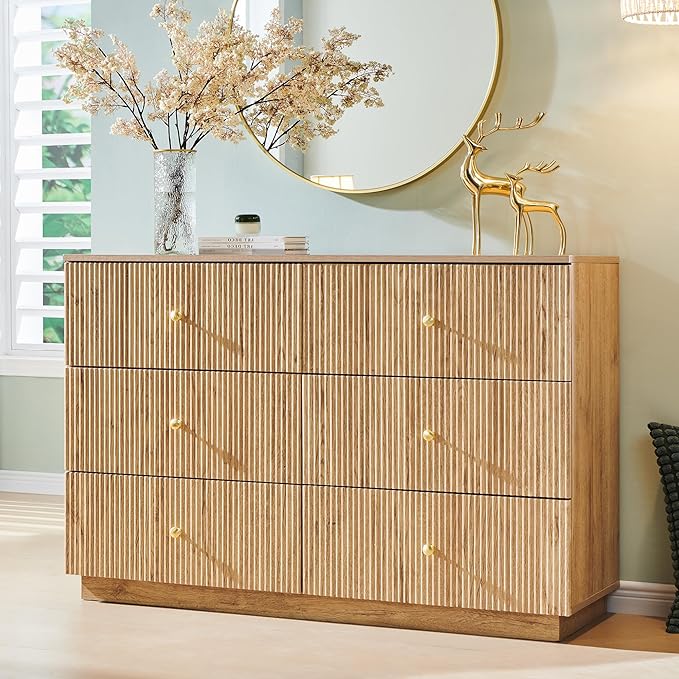 Fluted Dresser for Bedroom, 47" 6 Drawer Dressers, Wood Tall Dresser Storage Organizer, Modern Chest of Drawers with Deep Storage for Closet Hallway, Entryway, Living Room, Natural