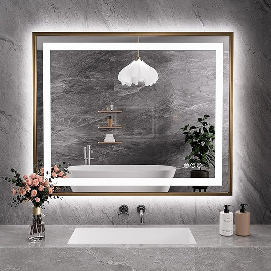 Amorho 44"X36" LED Bathroom Mirror Gold, Metal Framed Mirror with Front Light and Backlit, Stepless Dimmable, Anti-Fog, Shatter-Proof, Memory, 3 Colors